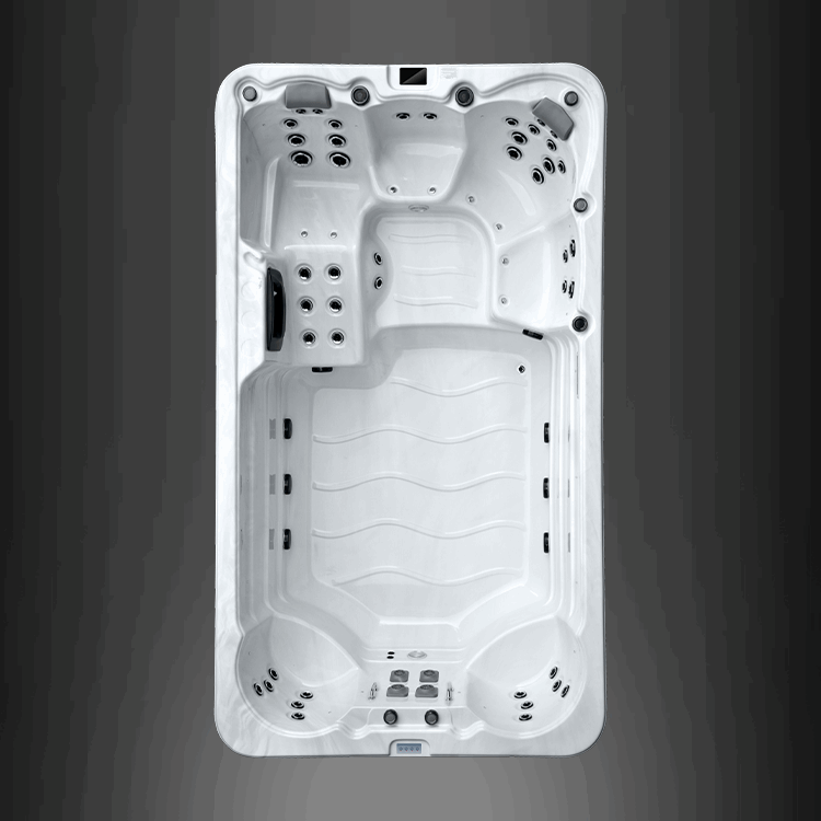 Aerial view of the Aqua Life 4.0 hot tub by BETA Wellness, featuring multiple seats and jets. The white interior has contours and textures, contrasting with a dark gray background.