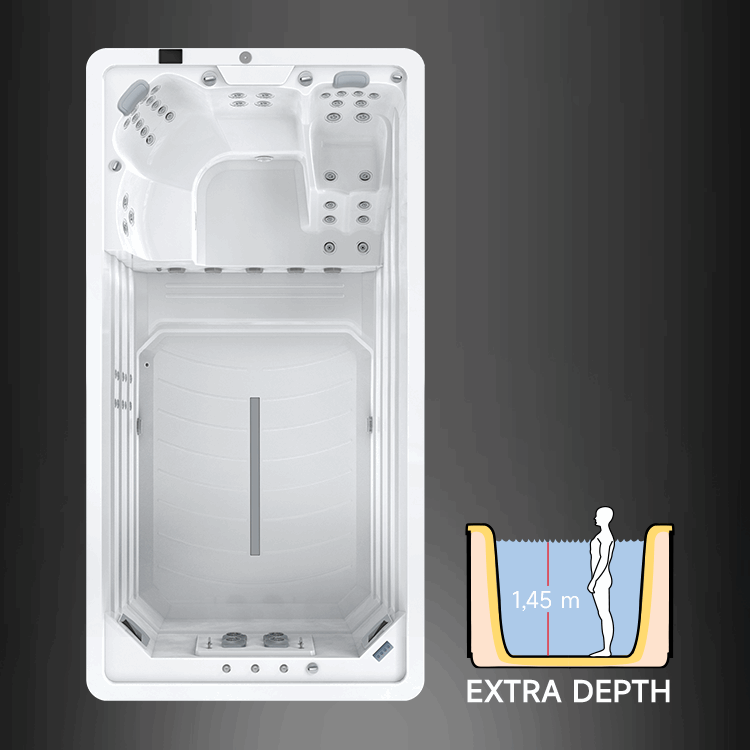 Top view of the BETA Wellness EasyLife 4.4 hot tub reveals multiple seating areas and numerous jets. An adjacent diagram highlights its 1.45-meter EXTRA DEPTH feature, offering ample standing or submersion space.