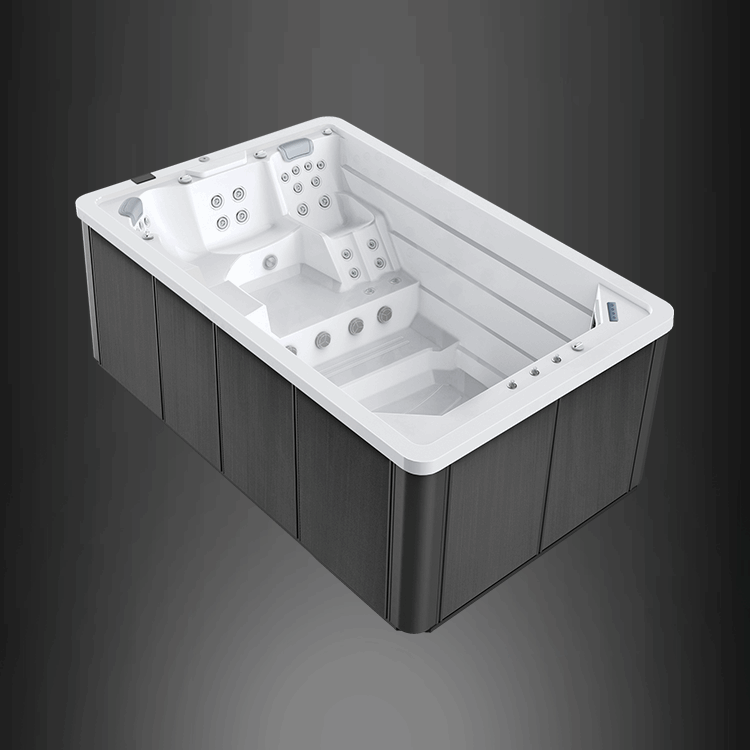 The EasyLife 4.4 by BETA Wellness is a modern swim spa featuring multiple jet configurations and seating areas, with a sleek dark wood panel exterior and a contrasting white interior against a grey gradient background.