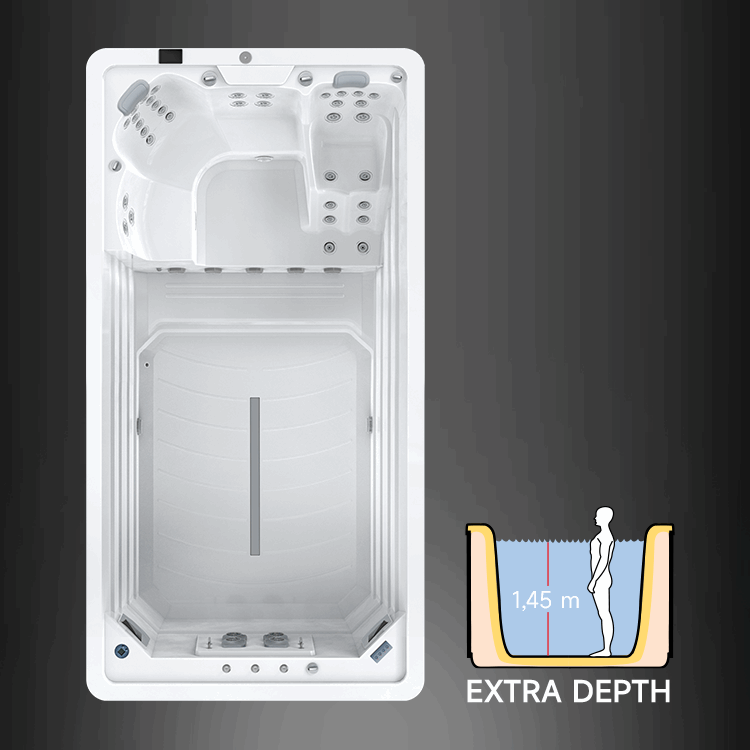 An aerial view showcases the BETA Wellness EasyLife 4.4 swim spa, equipped with multiple jets and seating. To the right, a graphic illustrates its 1.45-meter depth, depicting a person standing in water within the spa outline.